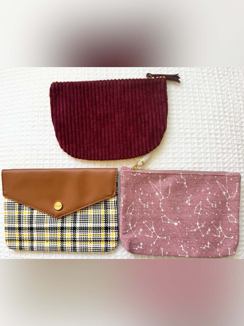 IPSY Makeup Bag Bundle Lot of 3 Plaid Corduroy Pink Cosmetic Travel Pouches
